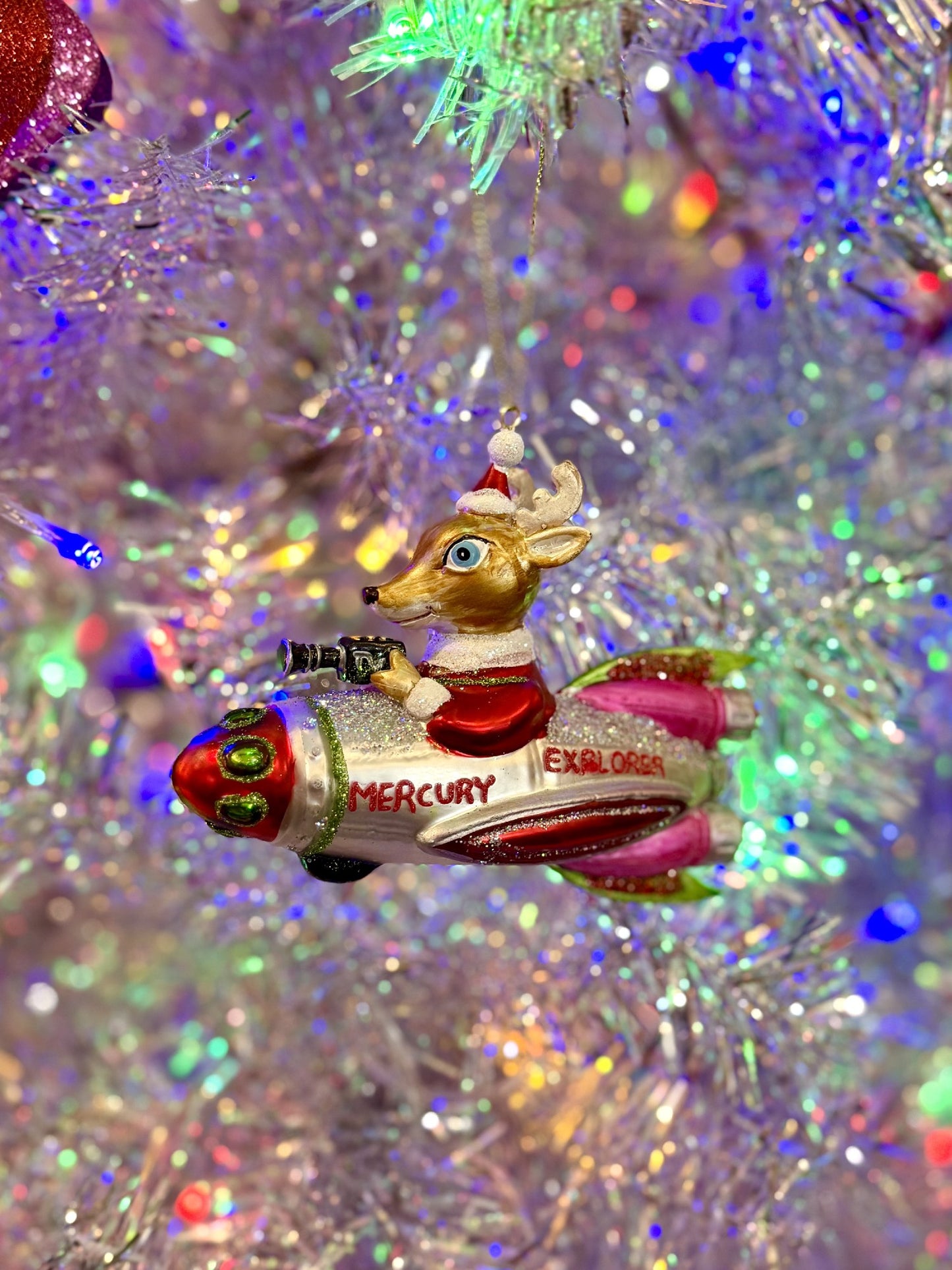 Deer Cameraman Aboard Space Rocket Glass Ornament CC-196