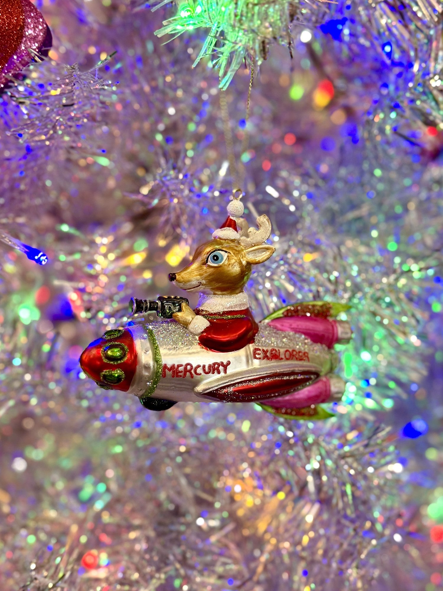 Deer Cameraman Aboard Space Rocket Glass Ornament CC-196