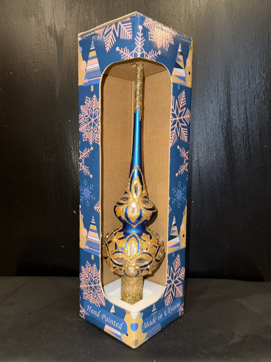 Diamond Stars on Blue and Gold Glass Finial Tree Topper