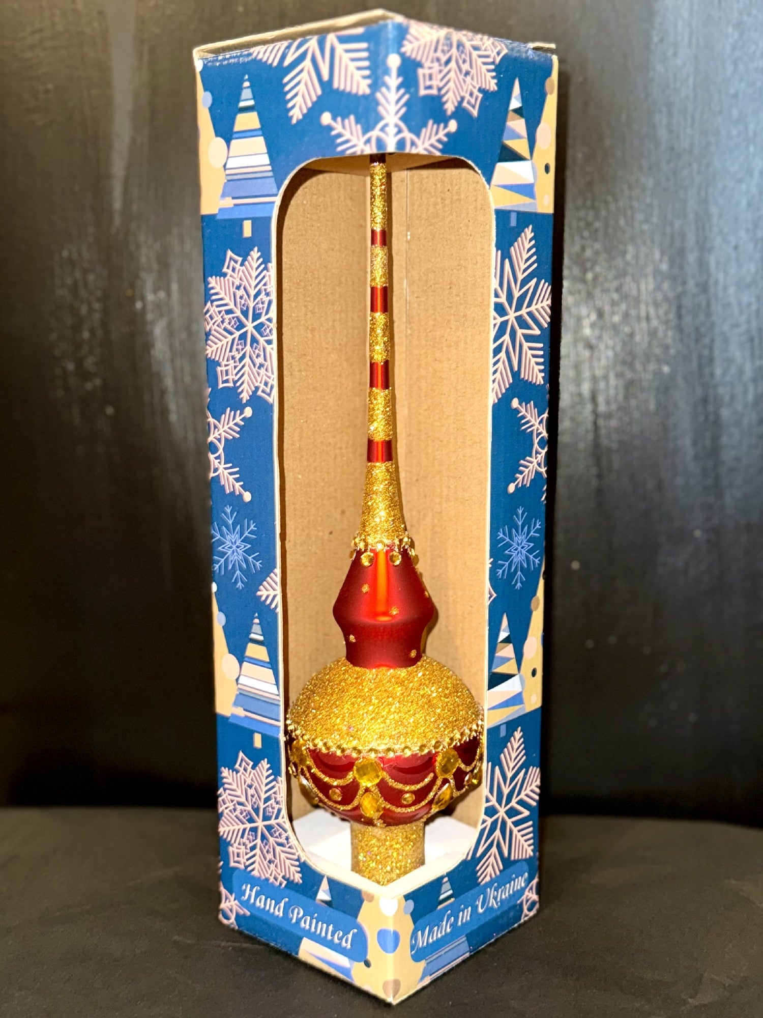 Dimensional Golden Jewels on Red Glass Finial Tree Topper