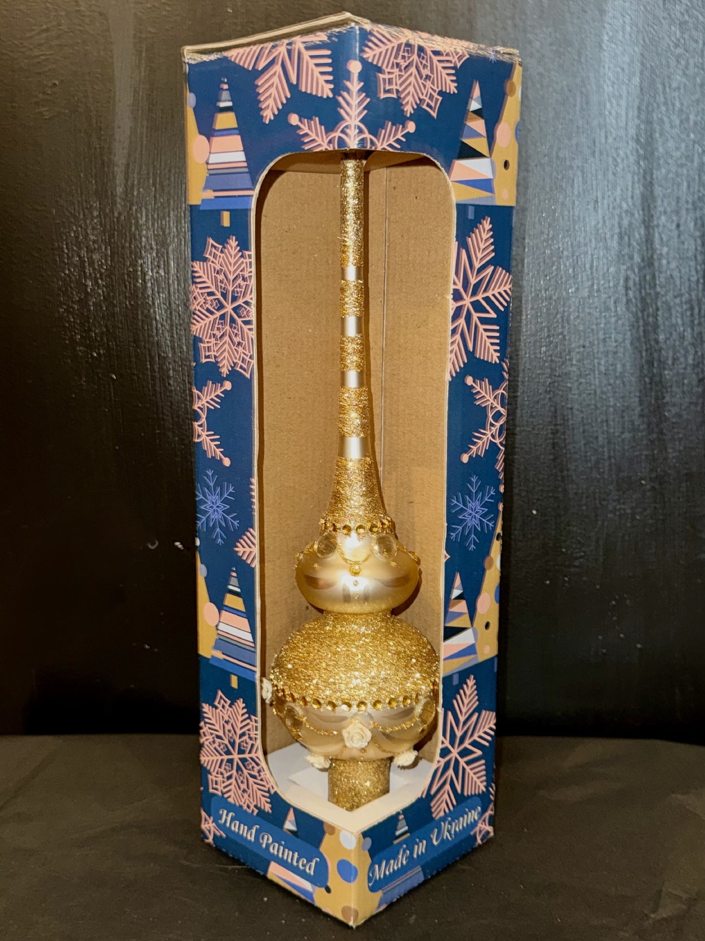 Dimensional Roses on Sparkling Beige Glass Finial Tree Topper