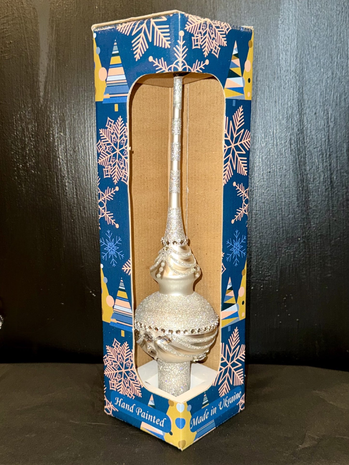 Dimensional White Jewels on White Glass Finial Tree Topper