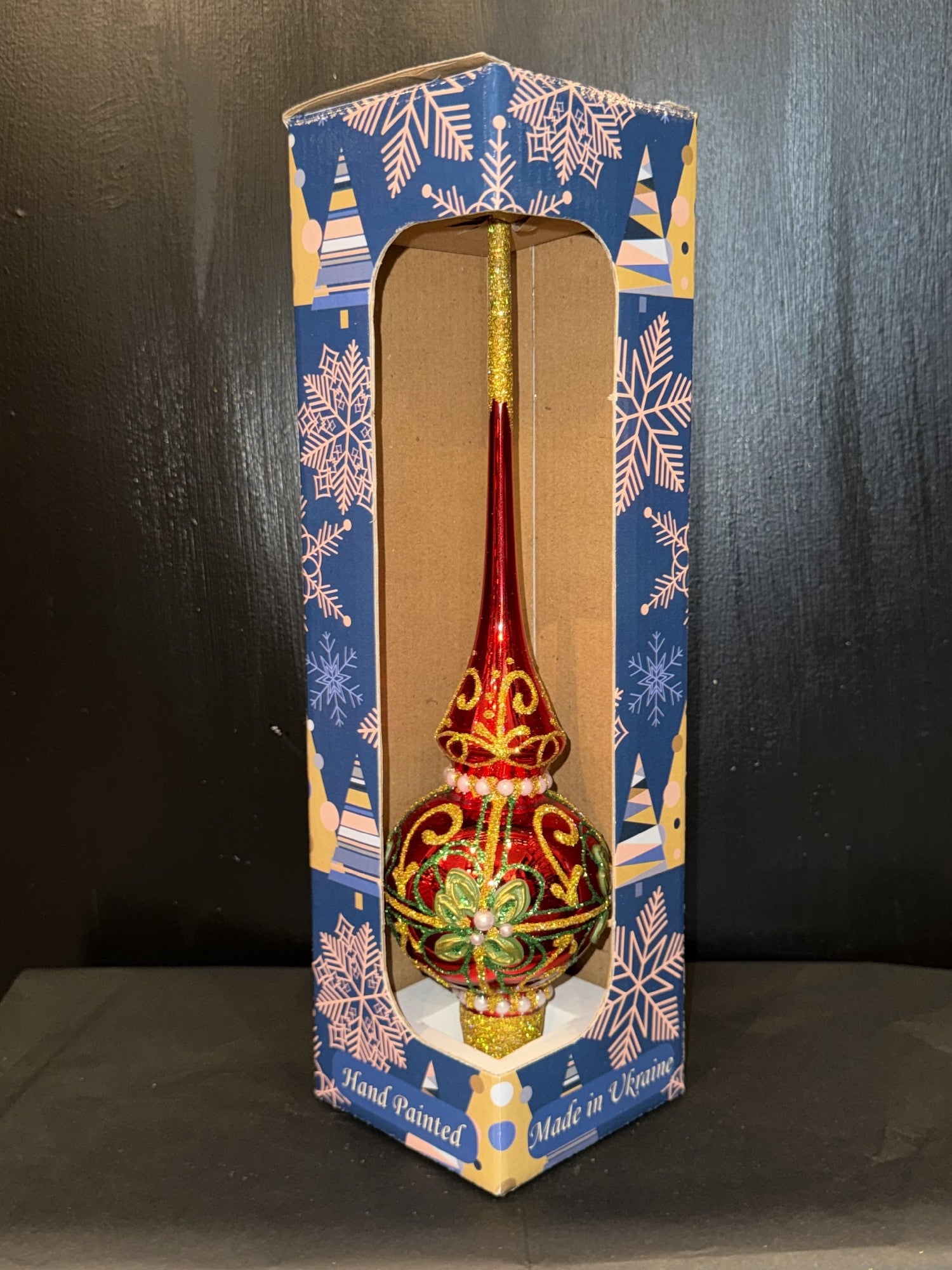 Green & Gold Glitter w Pearls Red Glass Finial Tree Topper