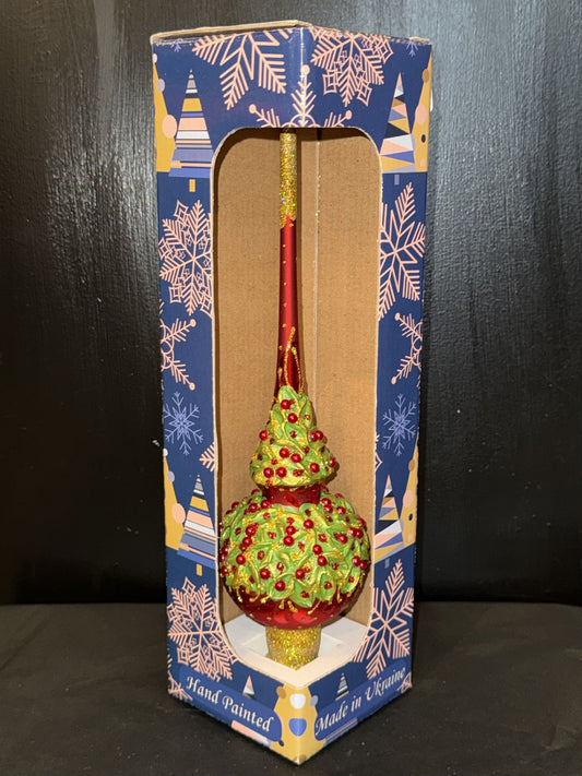 Red Pearls & Poinsettia Flowers Glass Finial Tree Topper