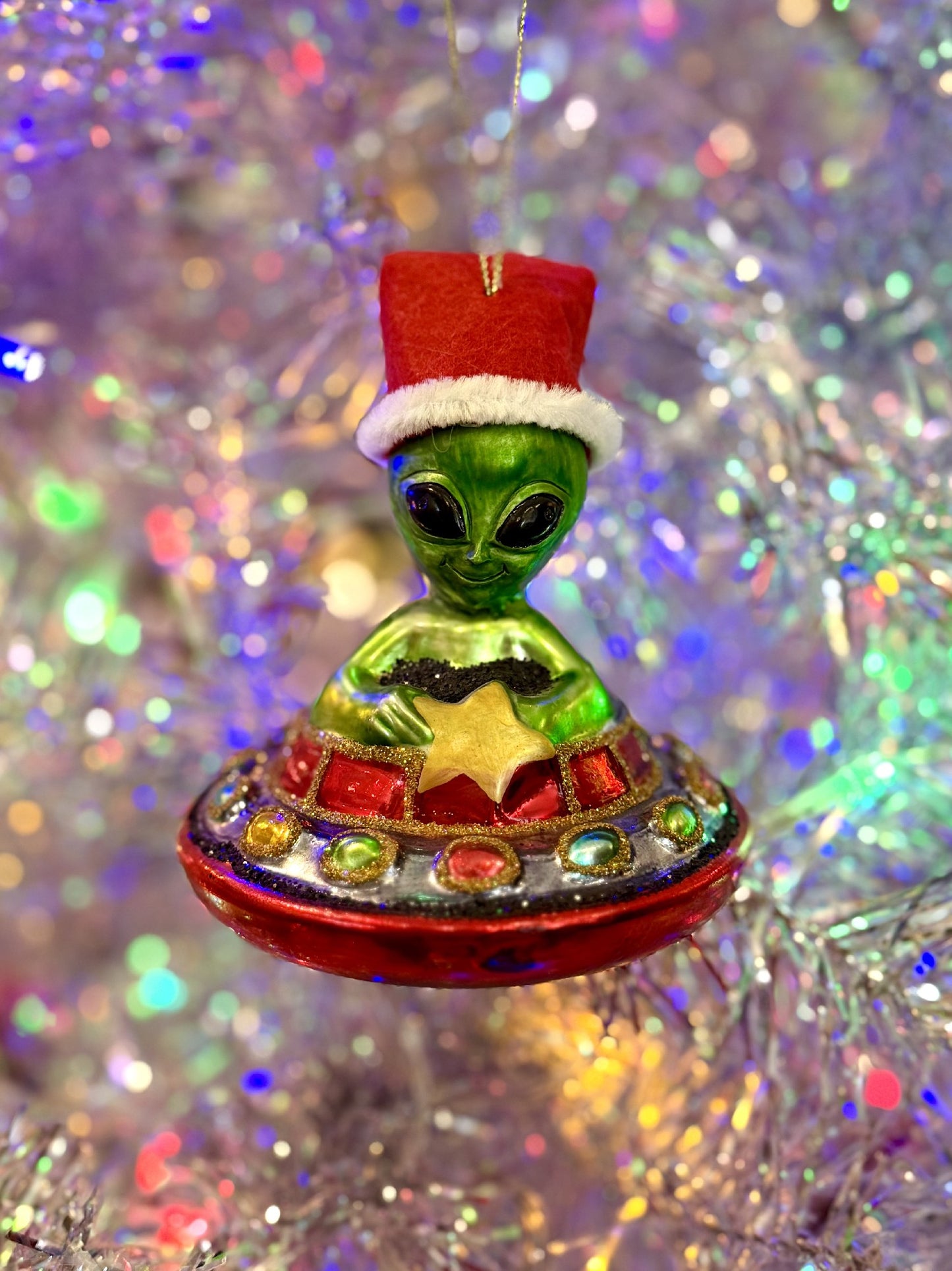 Santa Alien in UFO Glass Ornament