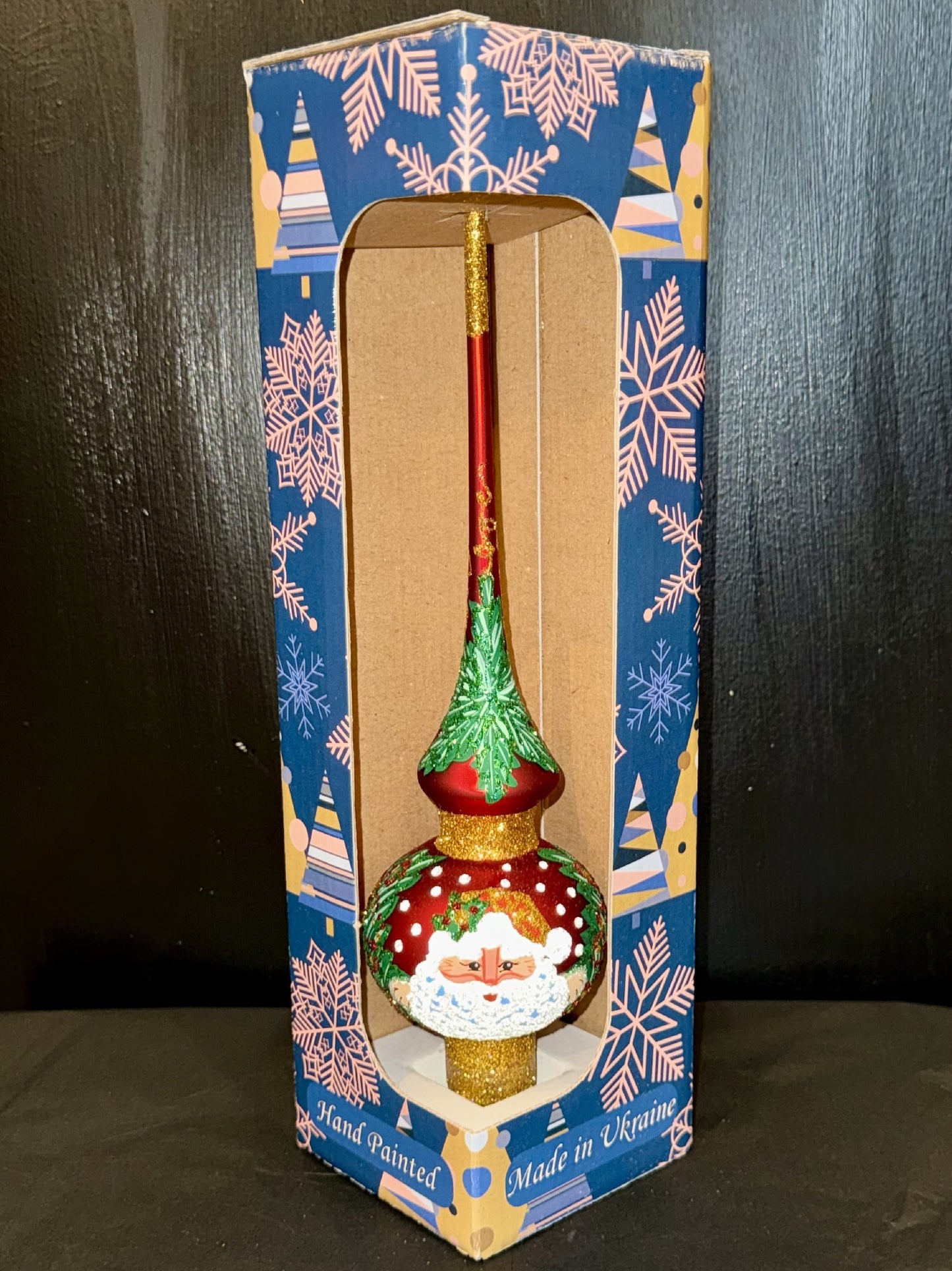 Santa Face & Green Holly Red + Gold Glass Finial Tree Topper