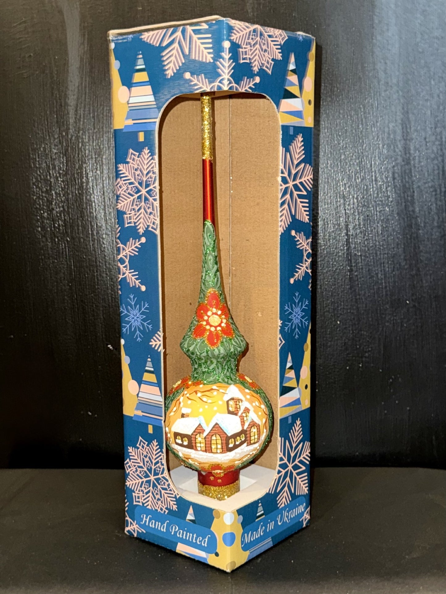 Snow Covered Winter Village Red Glass Christmas Tree Topper