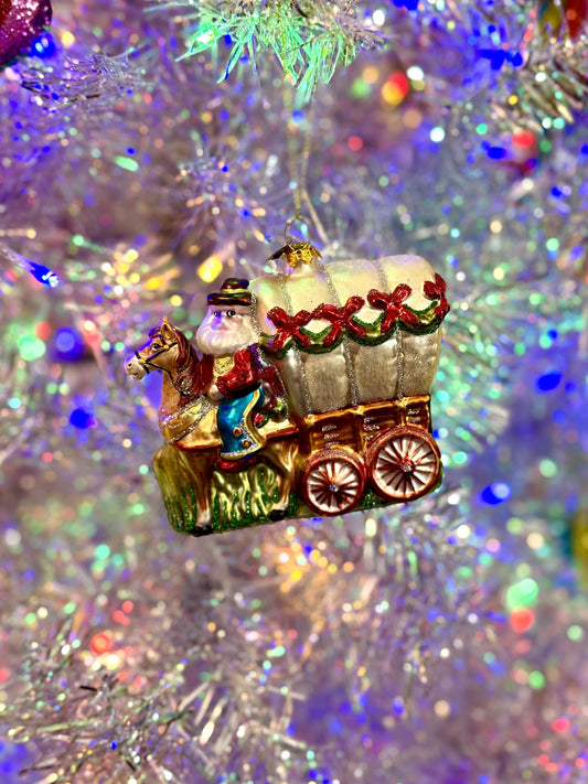 Western Santa w Holiday Wagon Glass Ornament