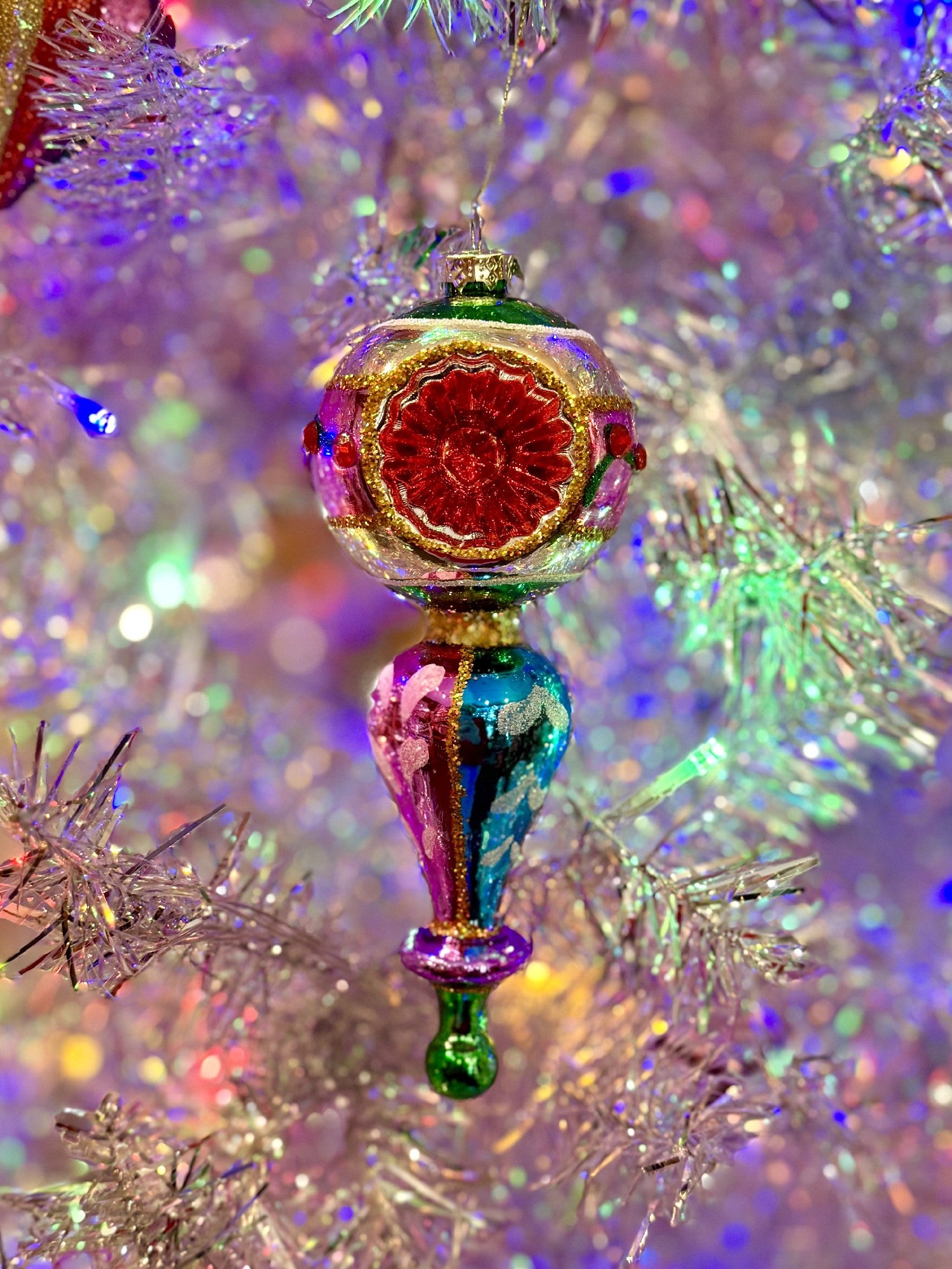 PINK/BLUE VINTAGE REFLECTOR RED CENTRE GLASS HANGING ORNAMENT 4524895
