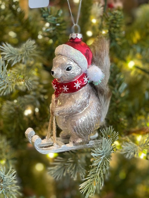 SILVER SKIING SQUIRREL GLASS HANGING ORNAMENT 4619164