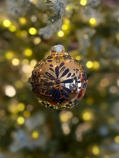 GOLD WITH BLACK FLOWER STARBURST ROUND GLASS HANGING ORNAMENT XM0456