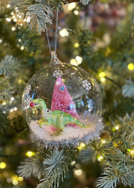 GREEN RAPTOR IN ROUND GLASS DOME HANGING ORNAMENT SHD2002