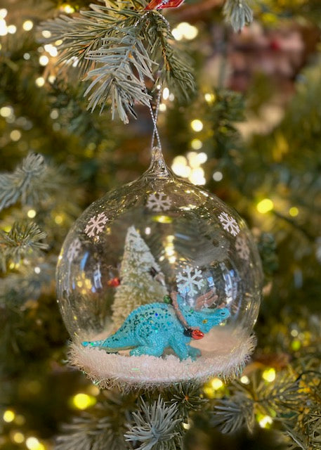BLUE TRICERATOPS IN ROUND GLASS DOME HANGING ORNAMENT SHD2002