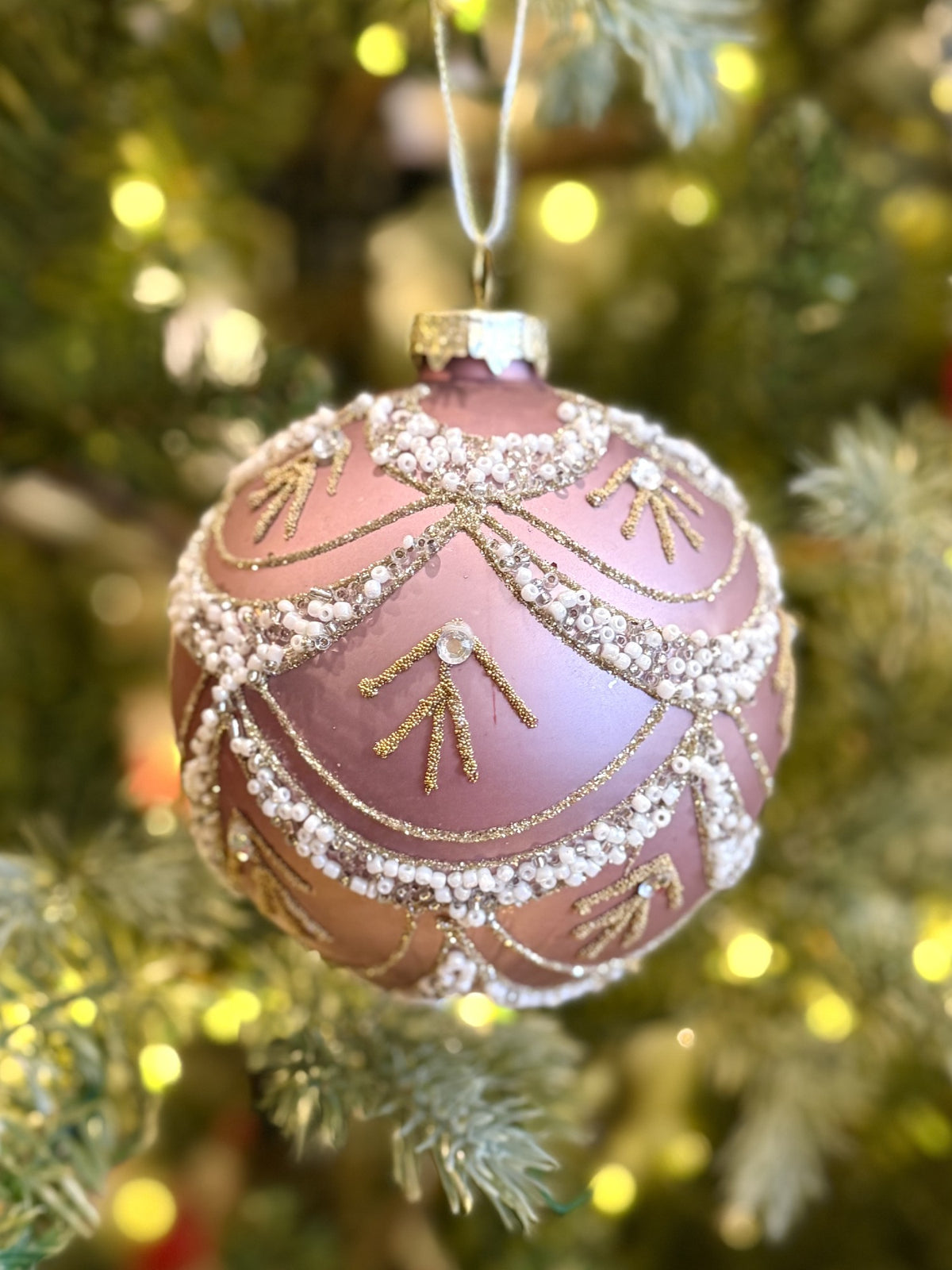 PINK & PEARL SWAG ROUND GLASS ORNAMENT 10CM XM0448