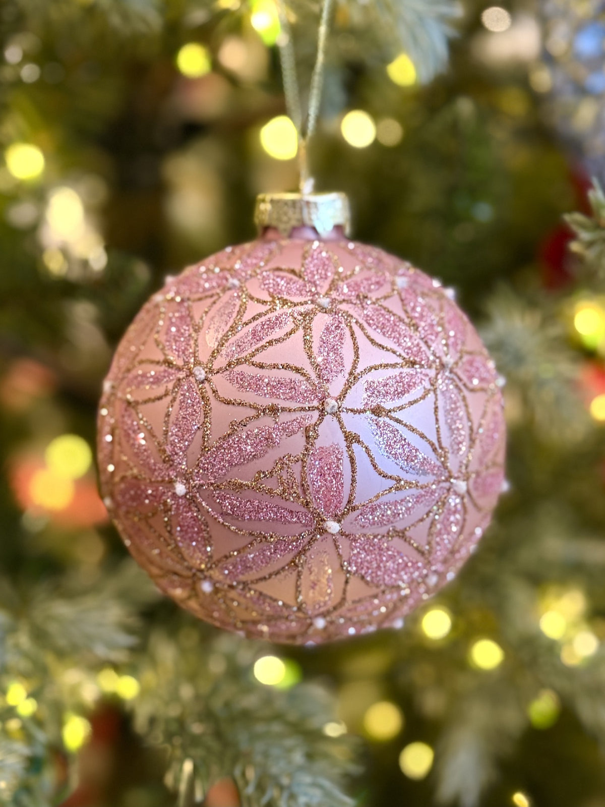 PINK FLOWER ROUND GLASS ORNAMENT 10CM XM0448