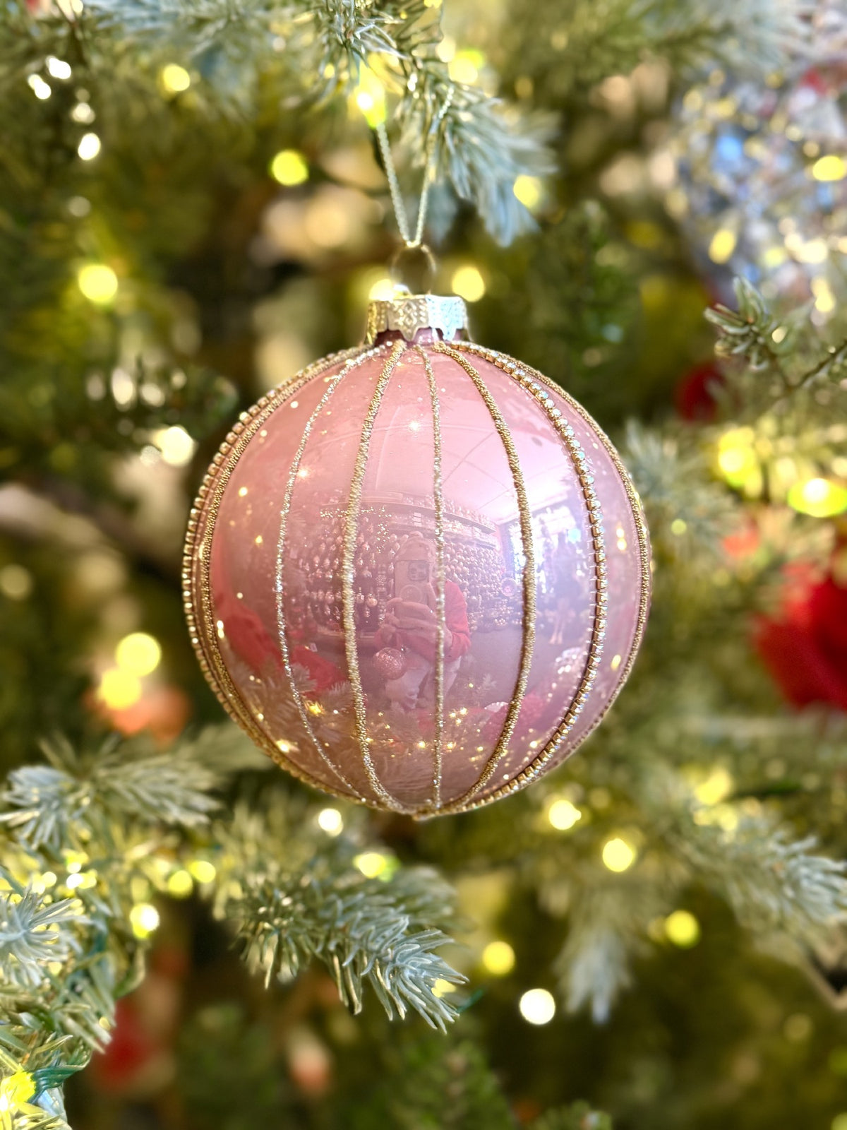 PINK GLITTER STRIPE ROUND GLASS ORNAMENT XM0448