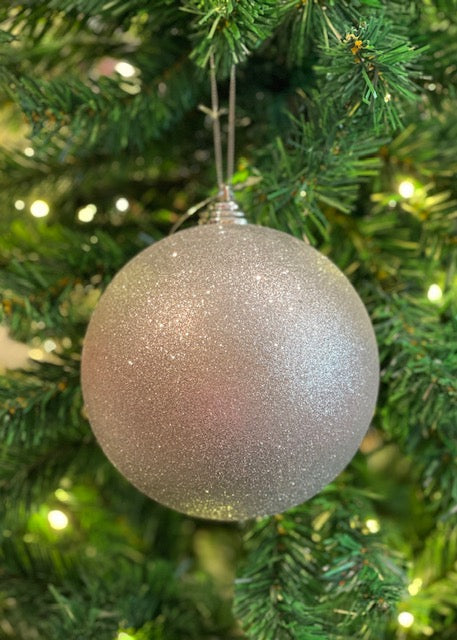 SILVER 14CM SHATTERPROOF GLITTER ROUND HANGING ORNAMENT X467107