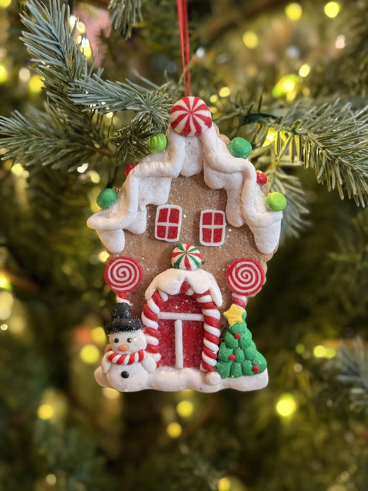 GINGERBREAD HOUSE WITH SNOWMAN HANGING ORNAMENT 4616413