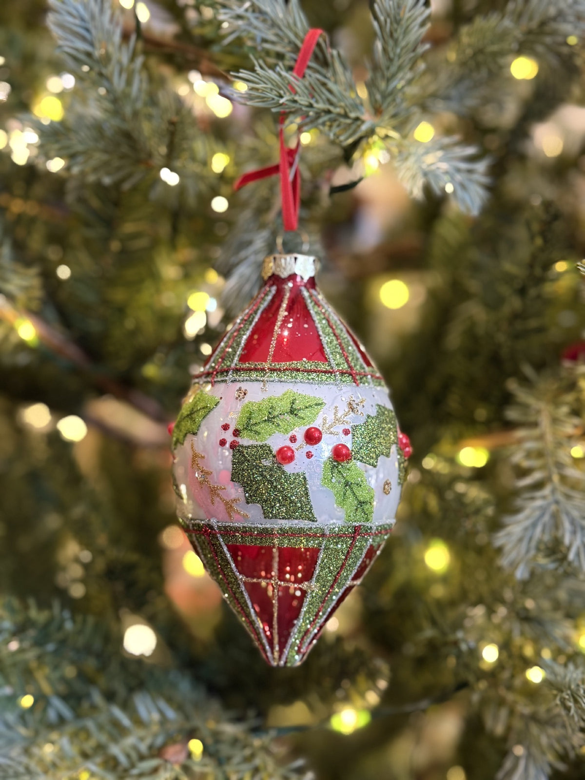 PLAID HOLLY GLASS TEARDROP HANGING ORNAMENT 4623005
