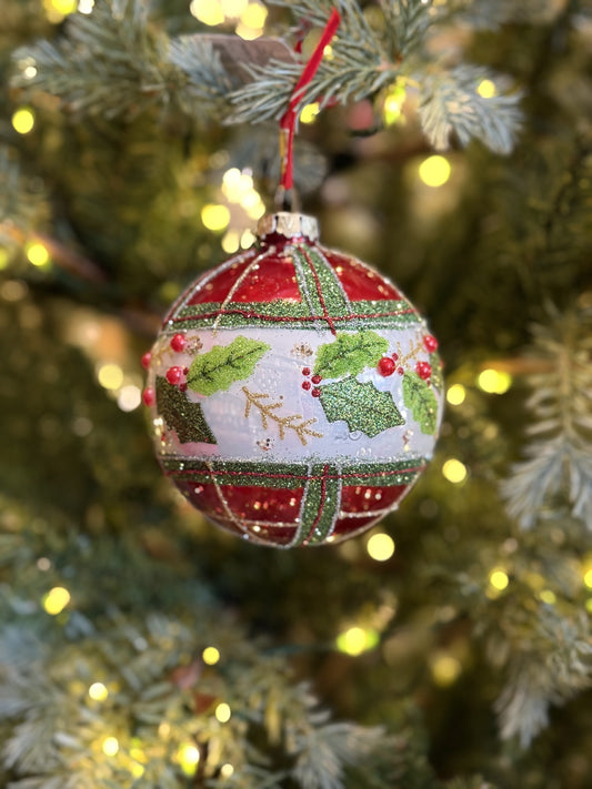 PLAID HOLLY ROUND GLASS HANGING ORNAMENT 4623005