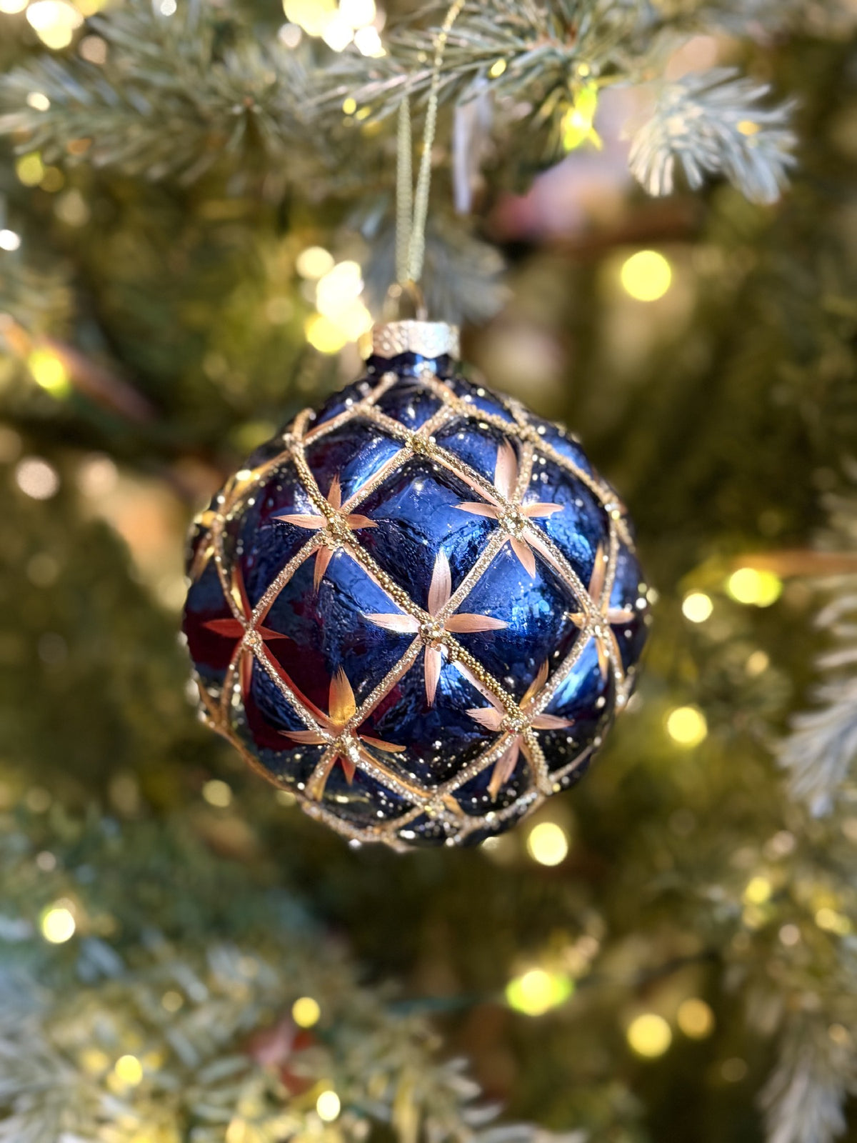 ROUND HARLQN BLU & GLD GLASS ORNAMENT 4622958