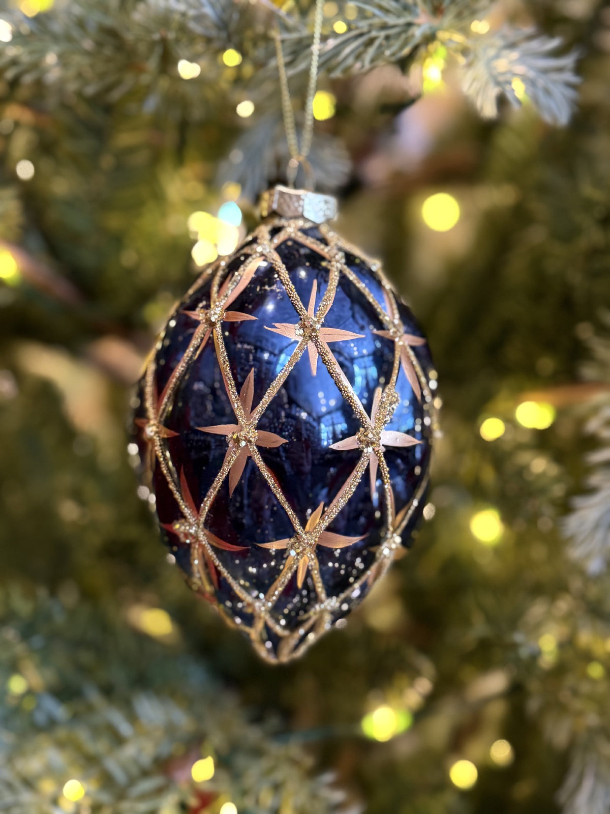 TEARDROP HARLQN BLU & GLD GLASS HANGING ORNAMENT 4622958