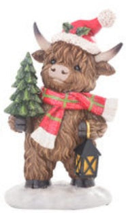STANDING HIGHLAND COW WITH TREE & SANTA HAT 26773