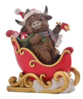 HIGHLAND COW IN SLEIGH WITH BELL 26771