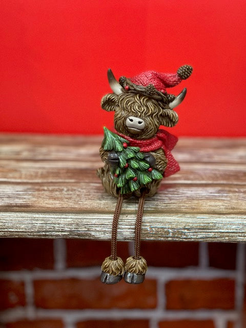 CHRISTMAS HIGHLAND COW WITH TREE WITH DANGLY LEGS 27602