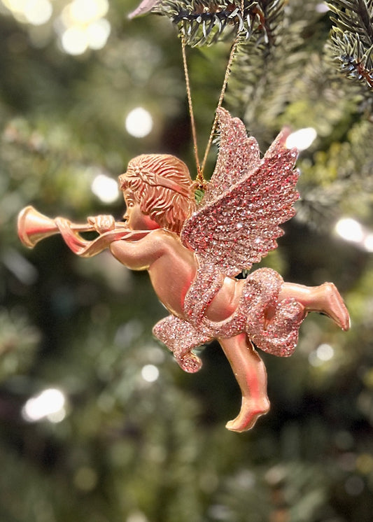 GOLD ACRYLIC HANGING CHERUB WITH TRUMPET XASMGF2
