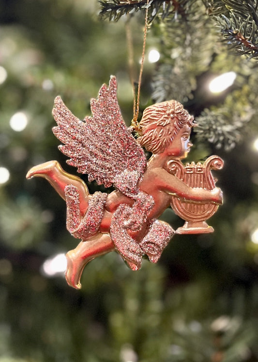 GOLD ACRYLIC HANGING CHERUB WITH HARP XASMGF2