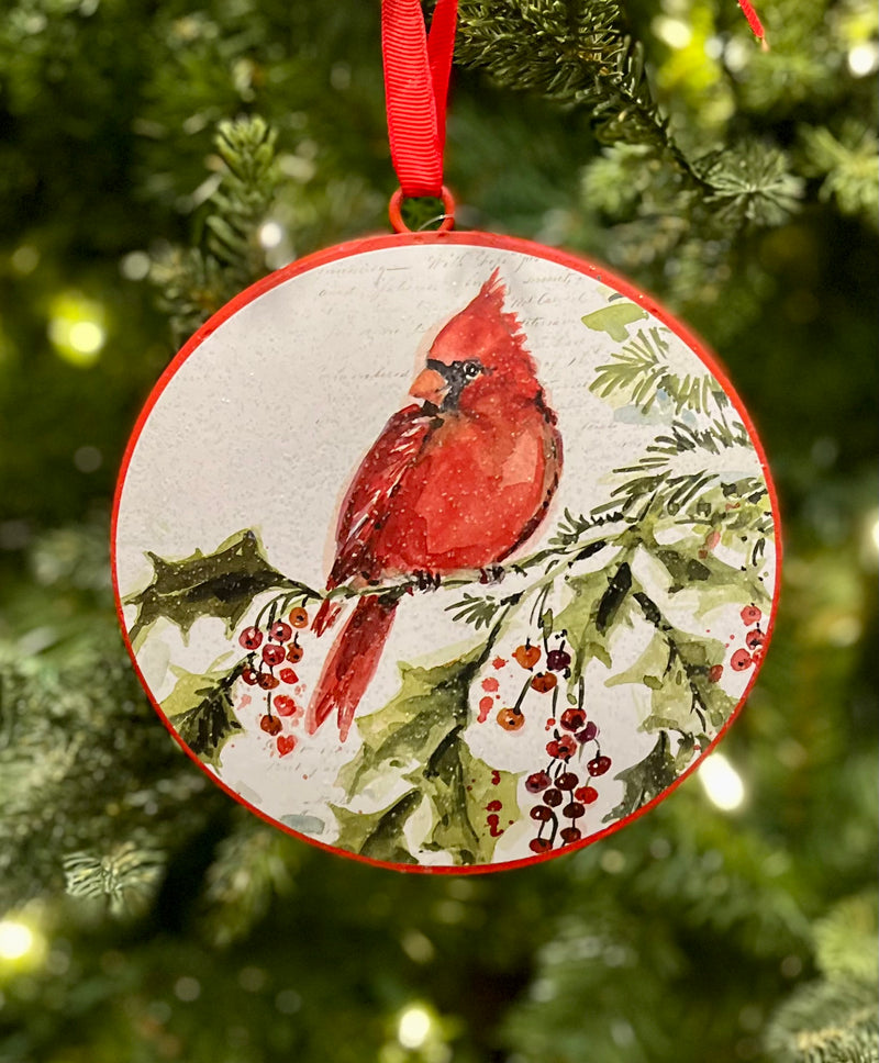 CARDINAL ROUND TIN DISC B ORNAMENT 4221324