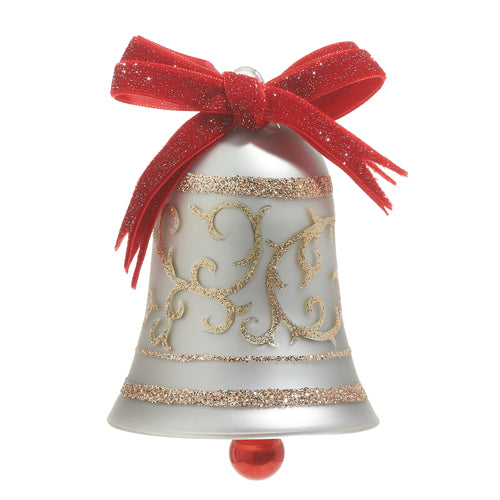 GOLD GLITTER SILVER BELL WITH RED BOW GLASS ORNAMENT 4320918
