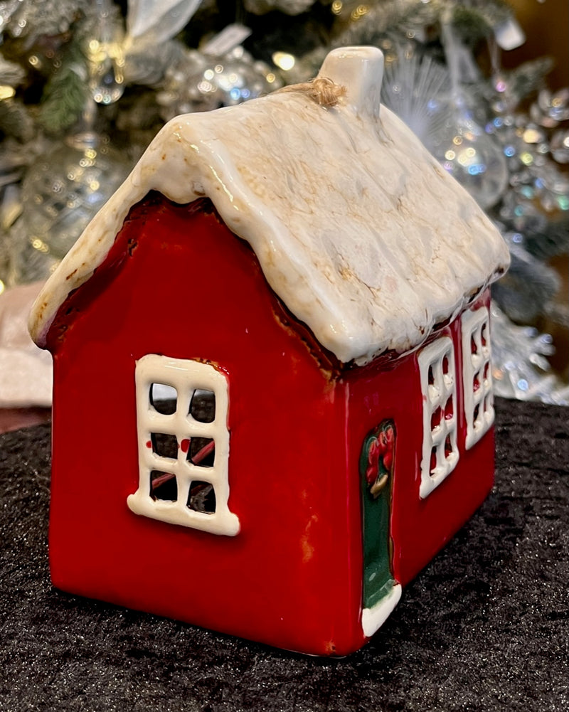 STONEWARE VILLAGE - CHRISTMAS RED WITH GREEN DOOR TEALIGHT HOUSE 3610801