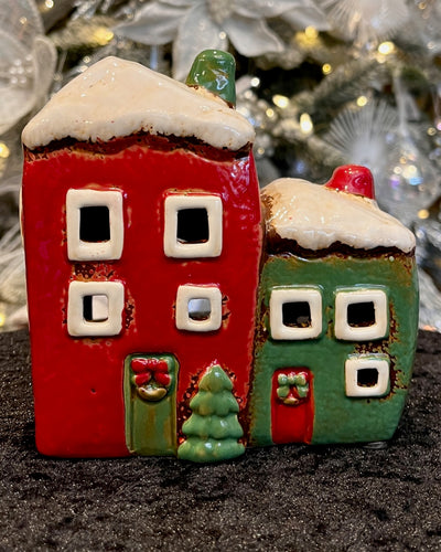 STONEWARE VILLAGE - TWIN CHRISTMAS RED GREEN COTTAGE 330943