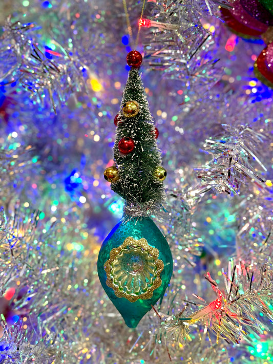 VINTAGE TEAL TEARDROP REFLECTOR WITH BRISTLE TREE HANGING ORNAMENT 4224610