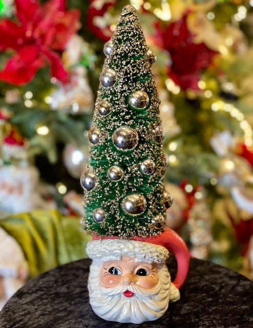 VINTAGE SANTA HEAD MUG WITH GLITTER BRISTLE TREE TR24746