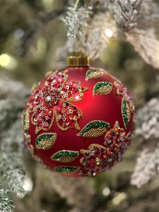 MATTE BEADED RED POINSETTIA ROUND GLASS ORNAMENT ECG017