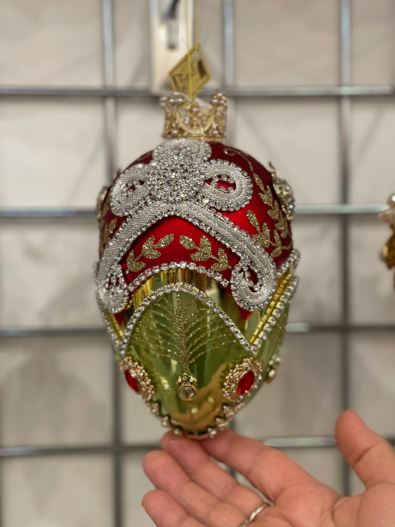 MARK ROBERTS FABERGE JEWEL EGG GREEN/RED 7 INCH EGG ORNAMENT 36-54346