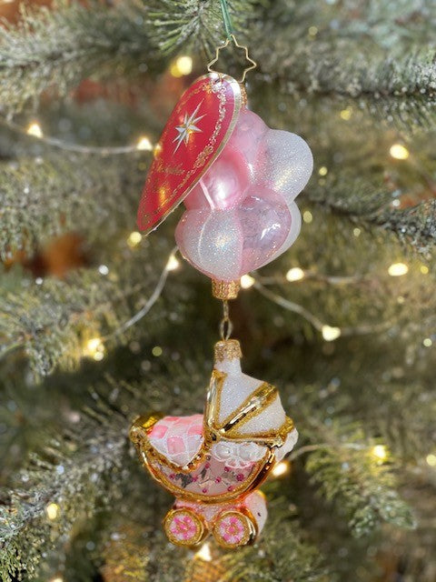 CHRISTOPHER RADKO BABY GIRL BUGGY & BALLOONS GLASS ORNAMENT 1020336