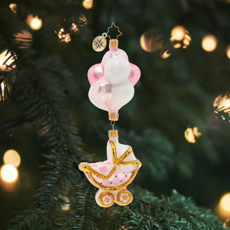 CHRISTOPHER RADKO BABY GIRL BUGGY & BALLOONS GLASS ORNAMENT 1020336