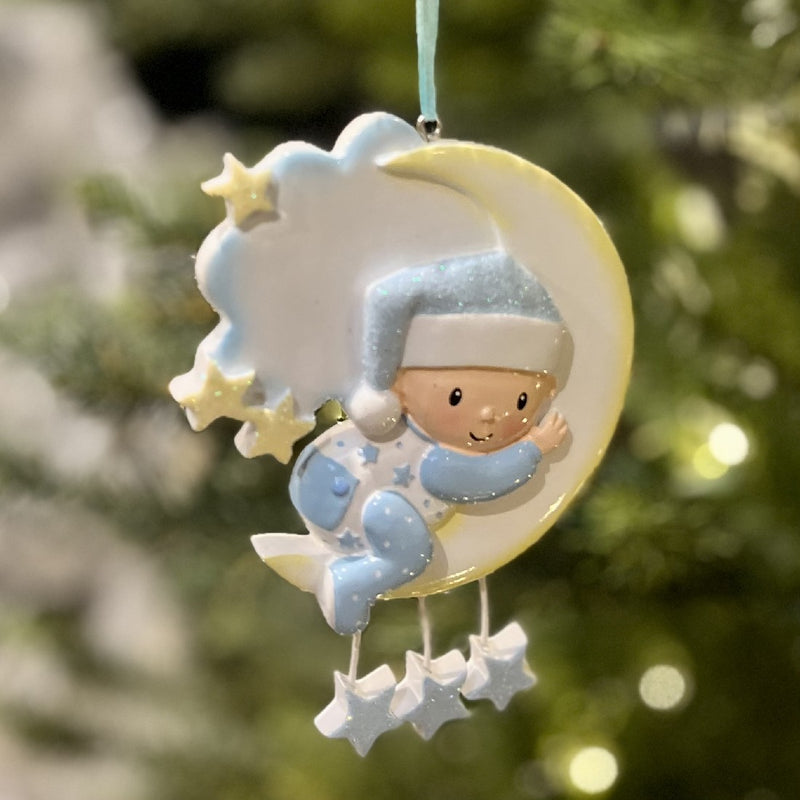 BLUE BABY ON MOON HANGING ORNAMENT