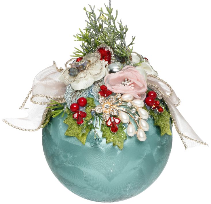 MARK ROBERTS FLORAL JEWELED FROSTED AQUA BLUE ROUND 7 INCH ORNAMENT 36-54300