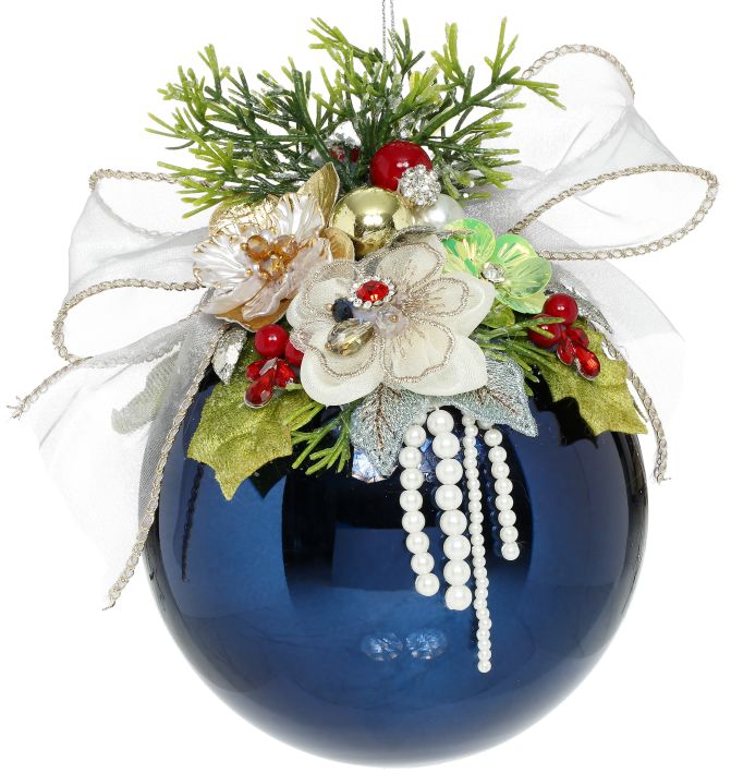 MARK ROBERTS FLORAL JEWELED SHINY DARK BLUE 6.5 INCH ROUND ORNAMENT 36-54304