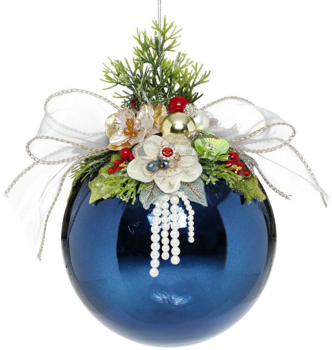 MARK ROBERTS FLORAL JEWELED SHINY DARK BLUE 7.5 INCH ROUND ORNAMENT  36-54324
