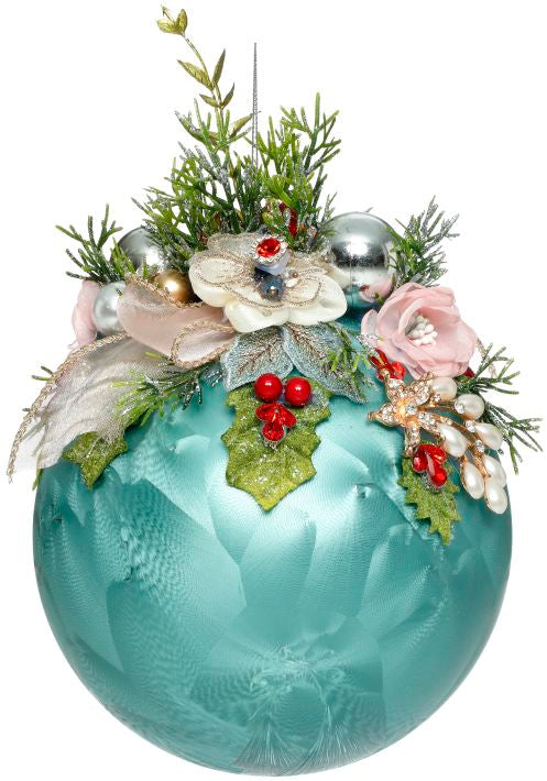 MARK ROBERTS FLORAL JEWELED FROSTED AQUA  BLUE 7.5 INCH ROUND ORNAMENT 36-54320