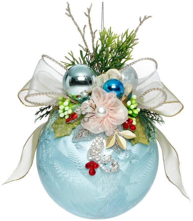 MARK ROBERTS FLORAL JEWELED FROSTED LIGHT BLUE 6 INCH ROUND ORNAMENT 36-54306