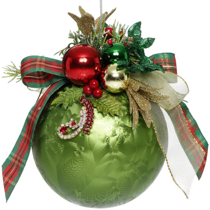 MARK ROBERTS FLORAL JEWELED FROSTED DARK GREEN 6 INCH ROUND ORNAMENT 36-54308