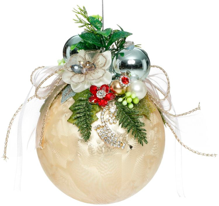 MARK ROBERTS FLORAL JEWELED FROSTED GOLD 6.5 INCH ROUND ORNAMENT 36-54310