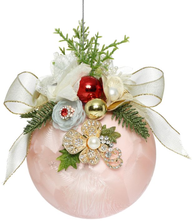 MARK ROBERTS FLORAL JEWELED FROSTED PINK 6 INCH ROUND ORNAMENT 36-54312